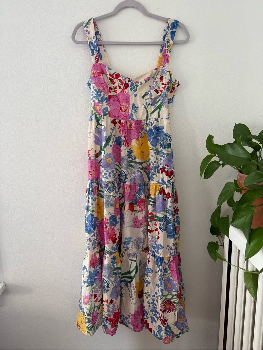 Zara Cream Floral Midi Dress with Pink, Blue & Yellow Flowers